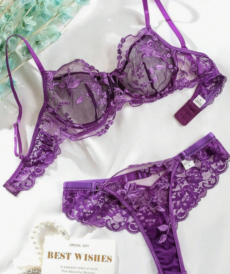 Floral Mesh Underwire Lingerie Set - Purple - Large